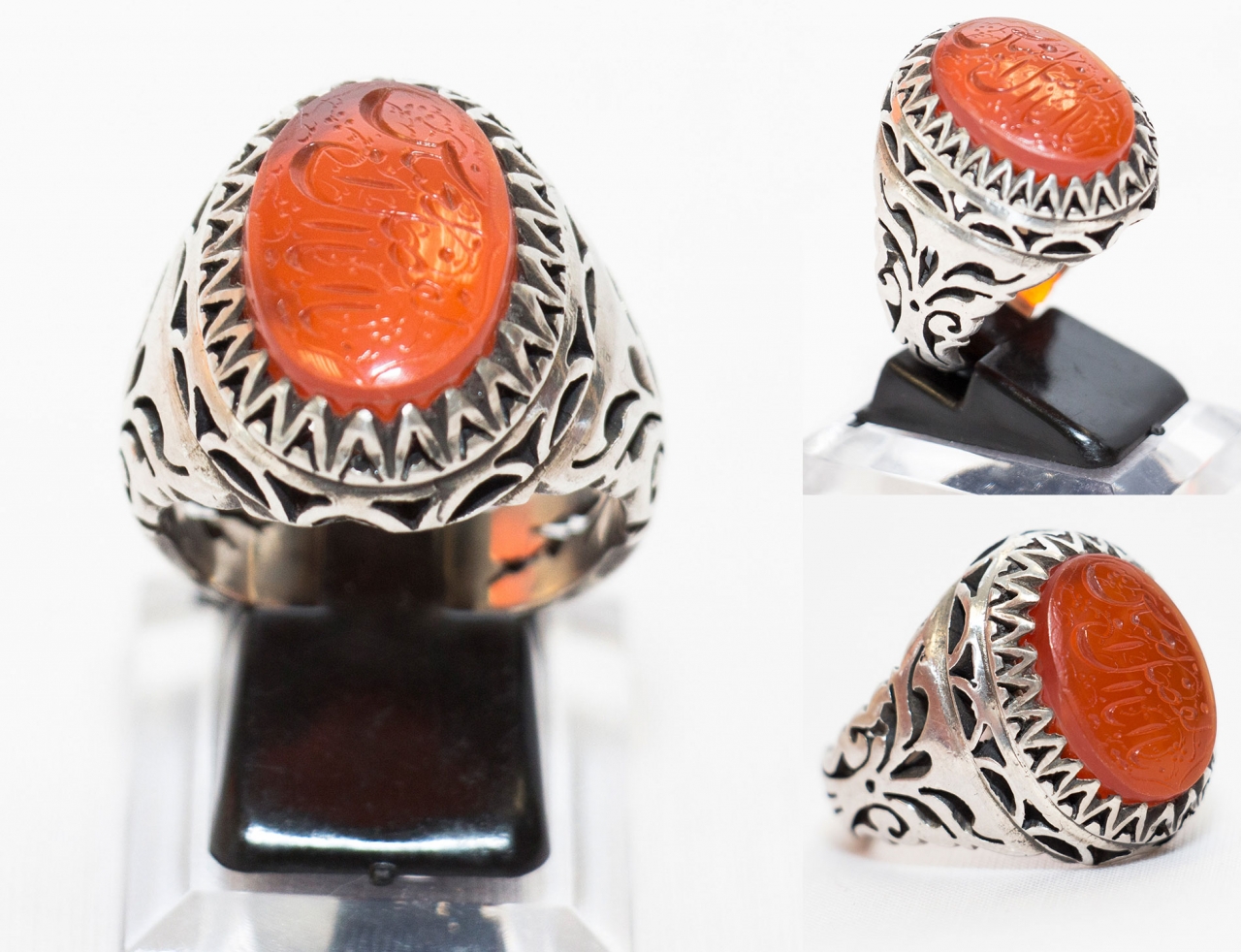Roter Aqiq Yamani Ring Silberfassung Handgraviert mit Ya Abal Fadl Alabbas Size 67