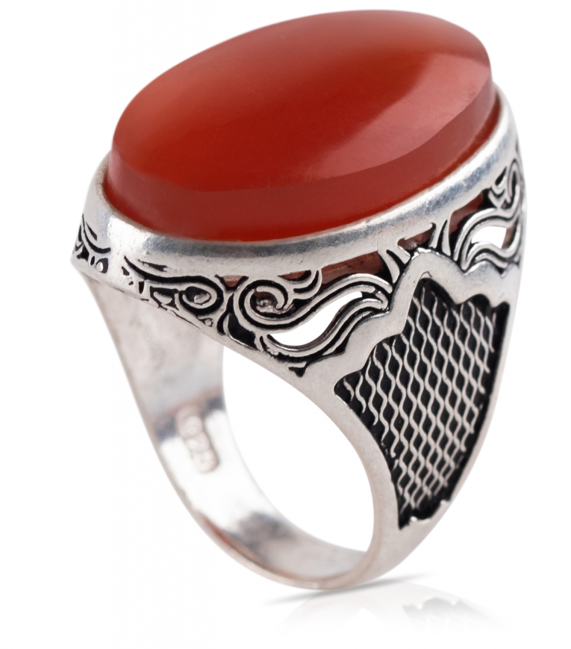 Herren Aqiq Rot - Silberring Fassung graviert - RE56
