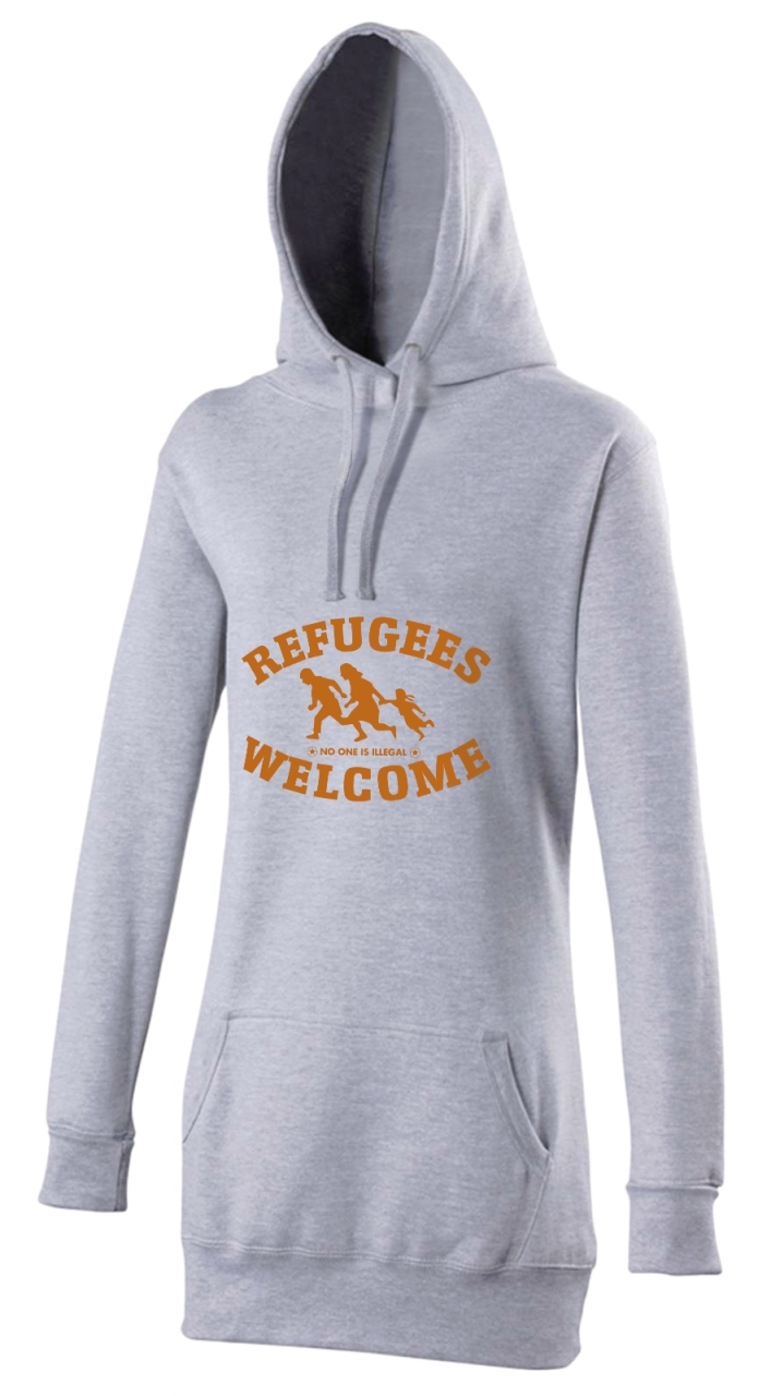  Refugees welcome Woman Hoody Grau mit orangener Aufschrift - No one is illegal 