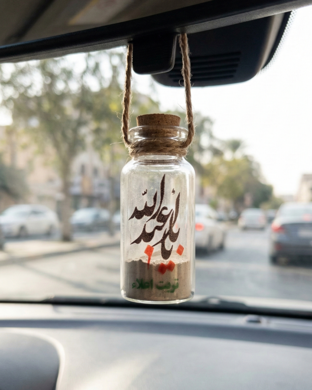 Glasflasche mit Erde aus Karbala- mit Ya Aba abdullah beschriftet