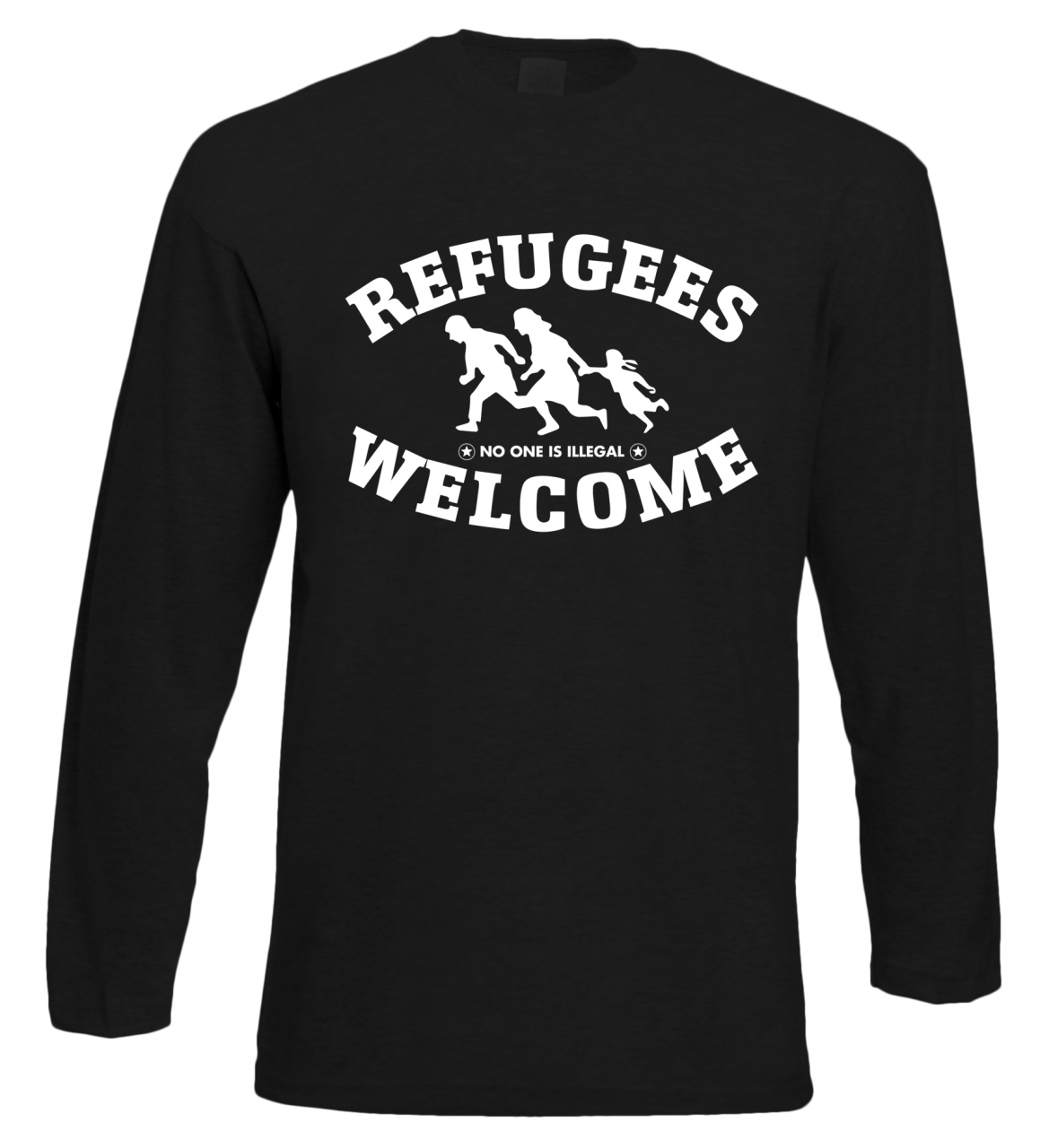  Refugees welcome Langarm Shirt Schwarz mit weißer Aufschrift - No one is illegal 