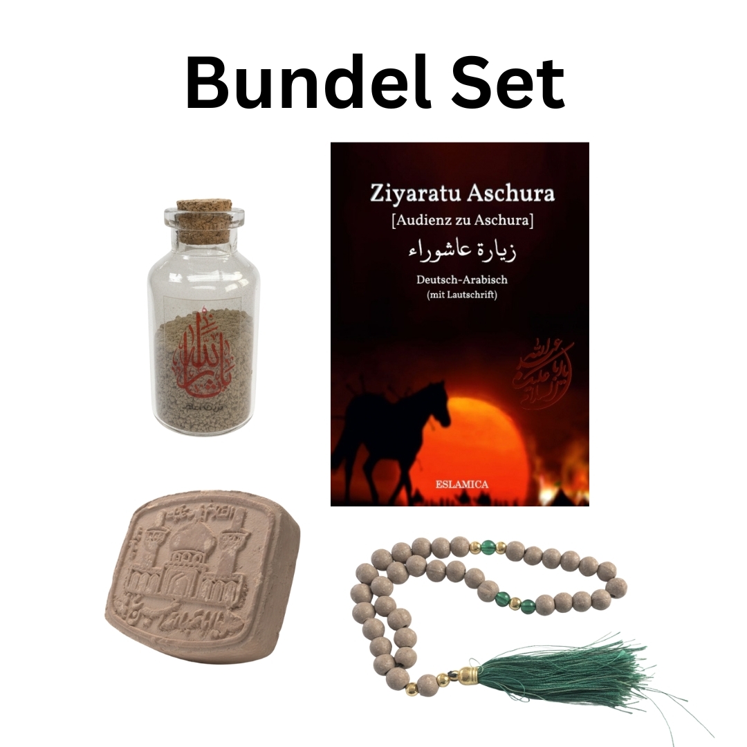Bundel Ziyara Ashura - Gebetsstein,-Kette,- Glasflasche mit Erde aus Karbala