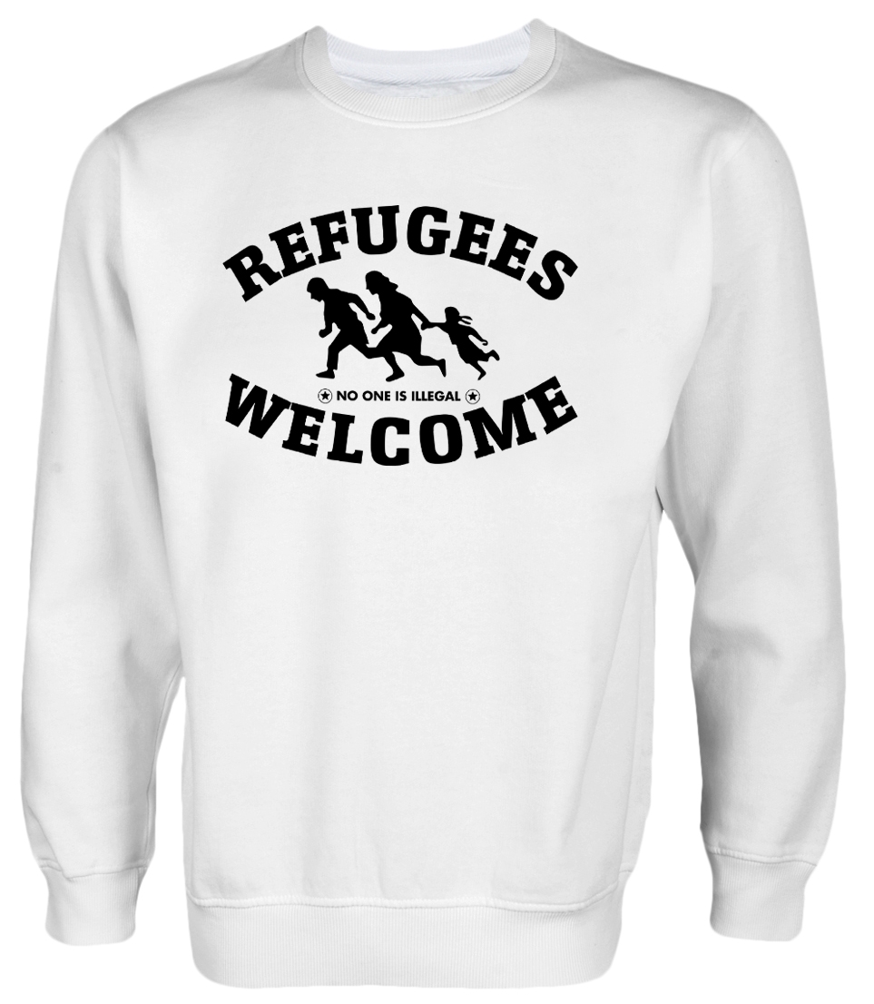  Refugees welcome Pullover Weiß mit schwarzer Aufschrift - No one is illegal 