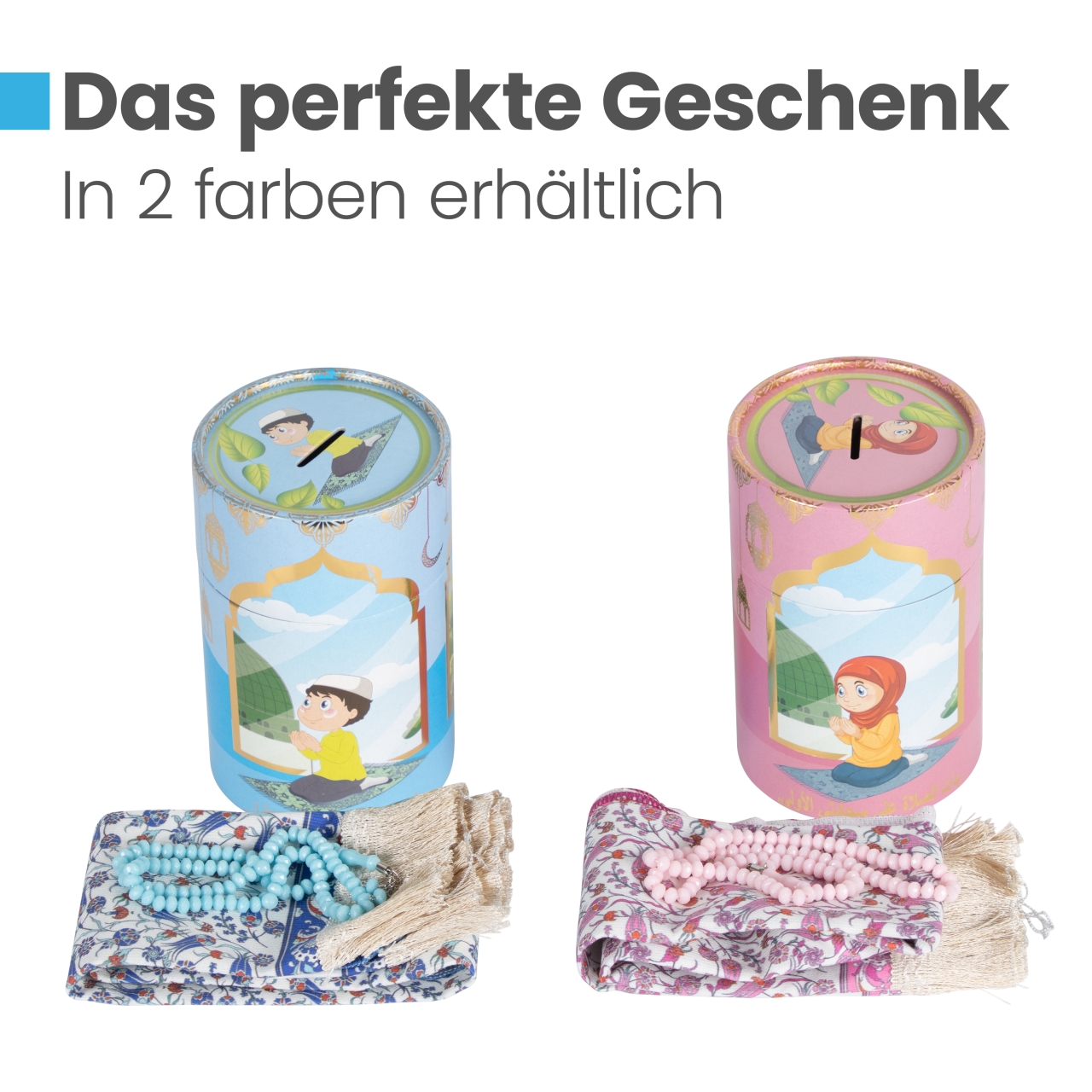 Kinder-Gebetsteppich mit Tesbih im Set – in Farbe Blau oder Pink