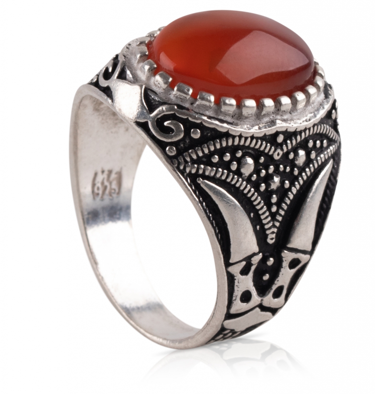 Herren Aqiq Rot / Schwarz 56 - Silberring Fassung graviert - RE37