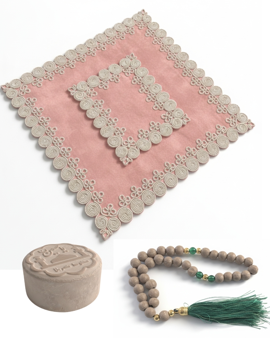 Zweiteiliger Gebetsunterleger + Gebetsstein +Gebetskette aus Karbala