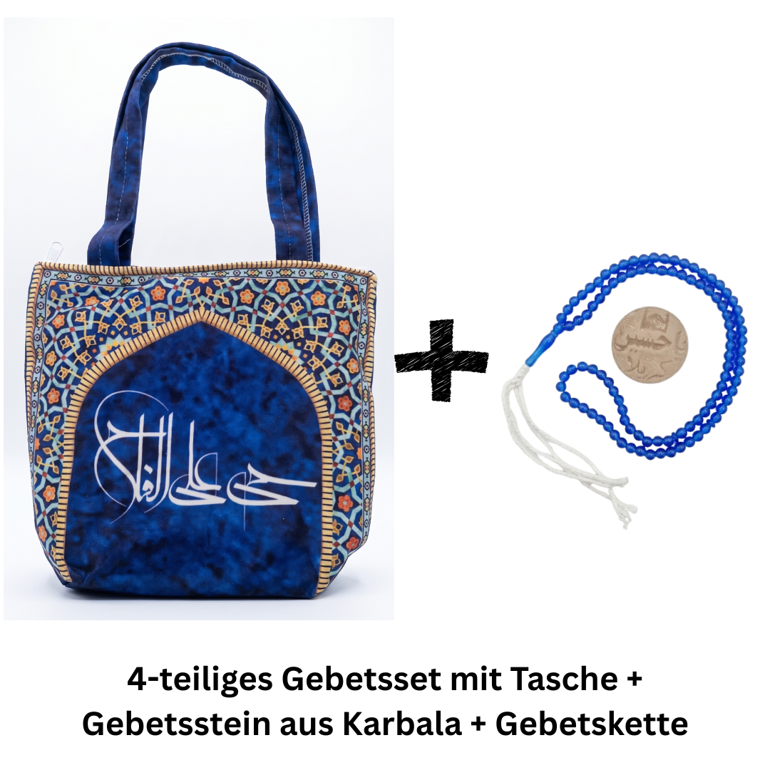 4-teiliges Gebetsset mit Tasche + Gebetsstein aus Karbala + Gebetskette
