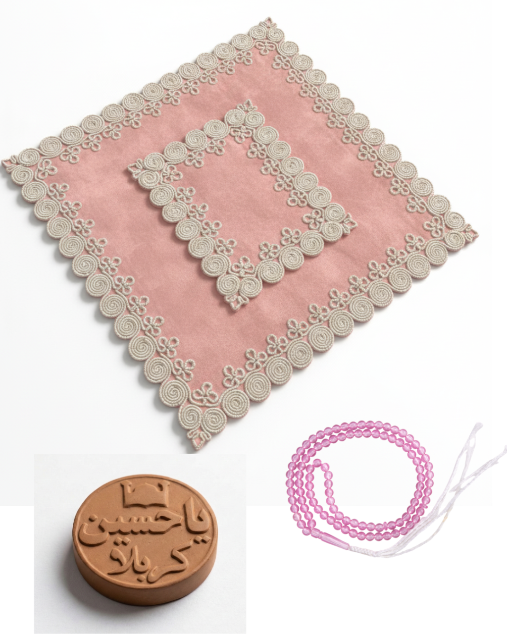 Zweiteiliger Gebetsunterleger + Klein Gebetsstein aus Karbala +Gebetskette - in 4 Farben